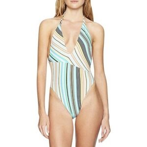 Bikini Lab One Piece Bathing Suit Size XL Striped Multicolor Green Peach NEW